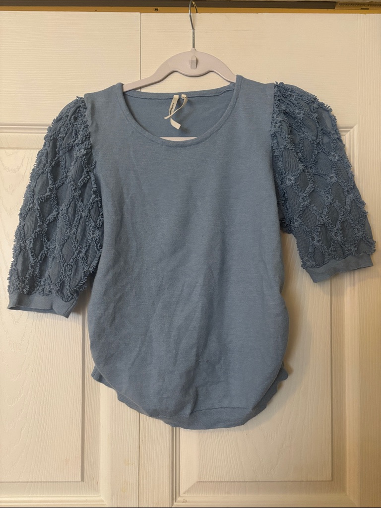 Anthropologie Blue Textured Puff-Sleeve Sweatshirt